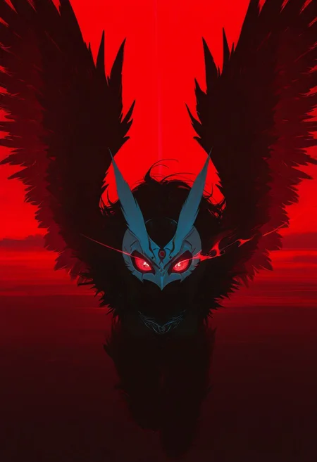 1 girl , solo , white mask , masked face , owl mask , red eye , red twilight , glowing pupils, owl harpy , arm wings , eye trail , 
masterpiece, best quality ,amazing quality ,15546+456868, usnr , xxx667_illu ,