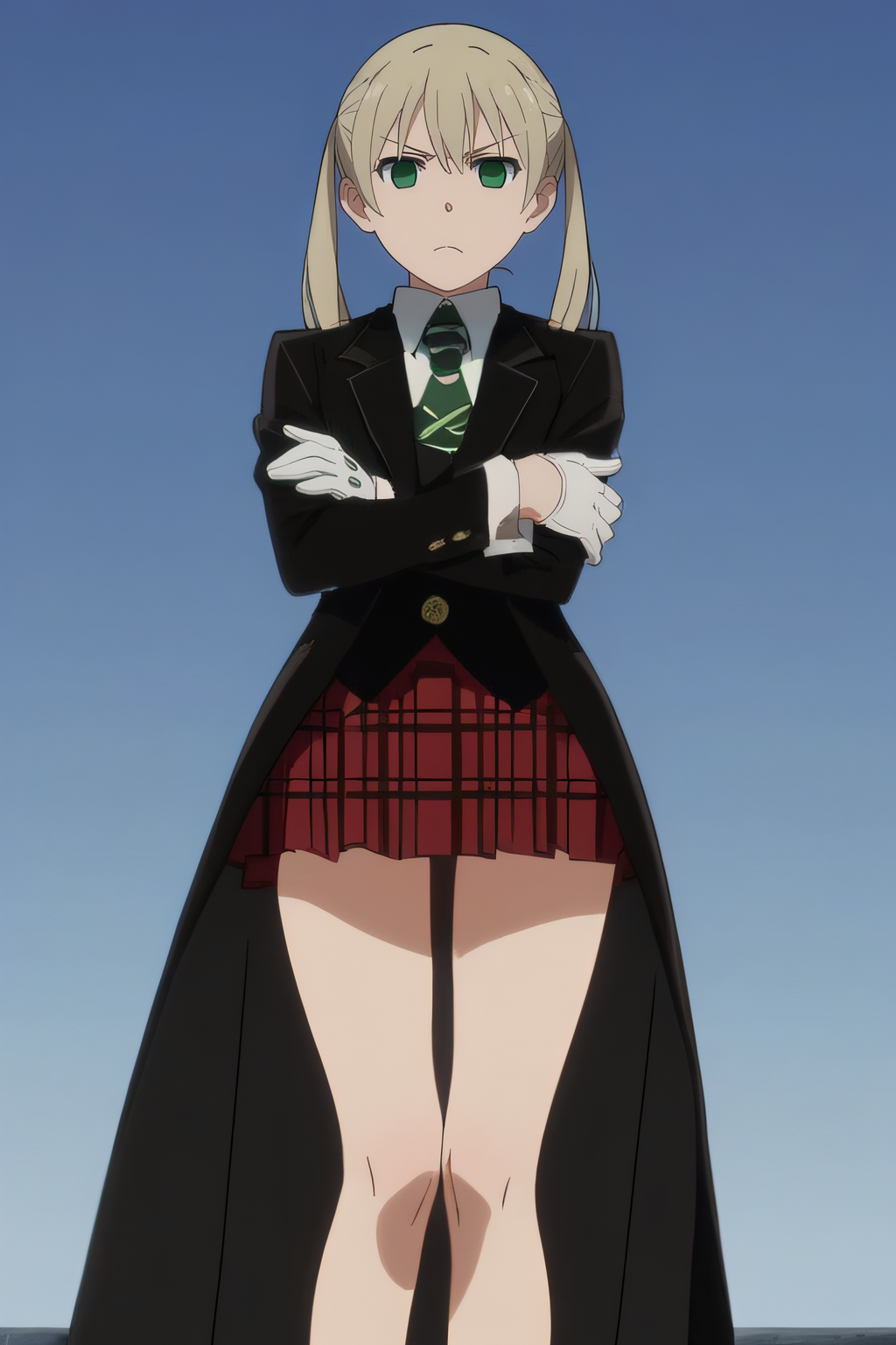 score_9, score_8_up, score_7_up, source_anime, rating_safe, intricate details, anime screencap, official style, 1girl, solo, <lora:Maka_Albarn:1>, maka, empty eyes, green eyes, twintails, default costume, green necktie, black trench coat, white gloves, red skirt, plaid skirt, thighs, looking at viewer, simple background, frown, cowboy shot, mature, annoyed, crossed arms