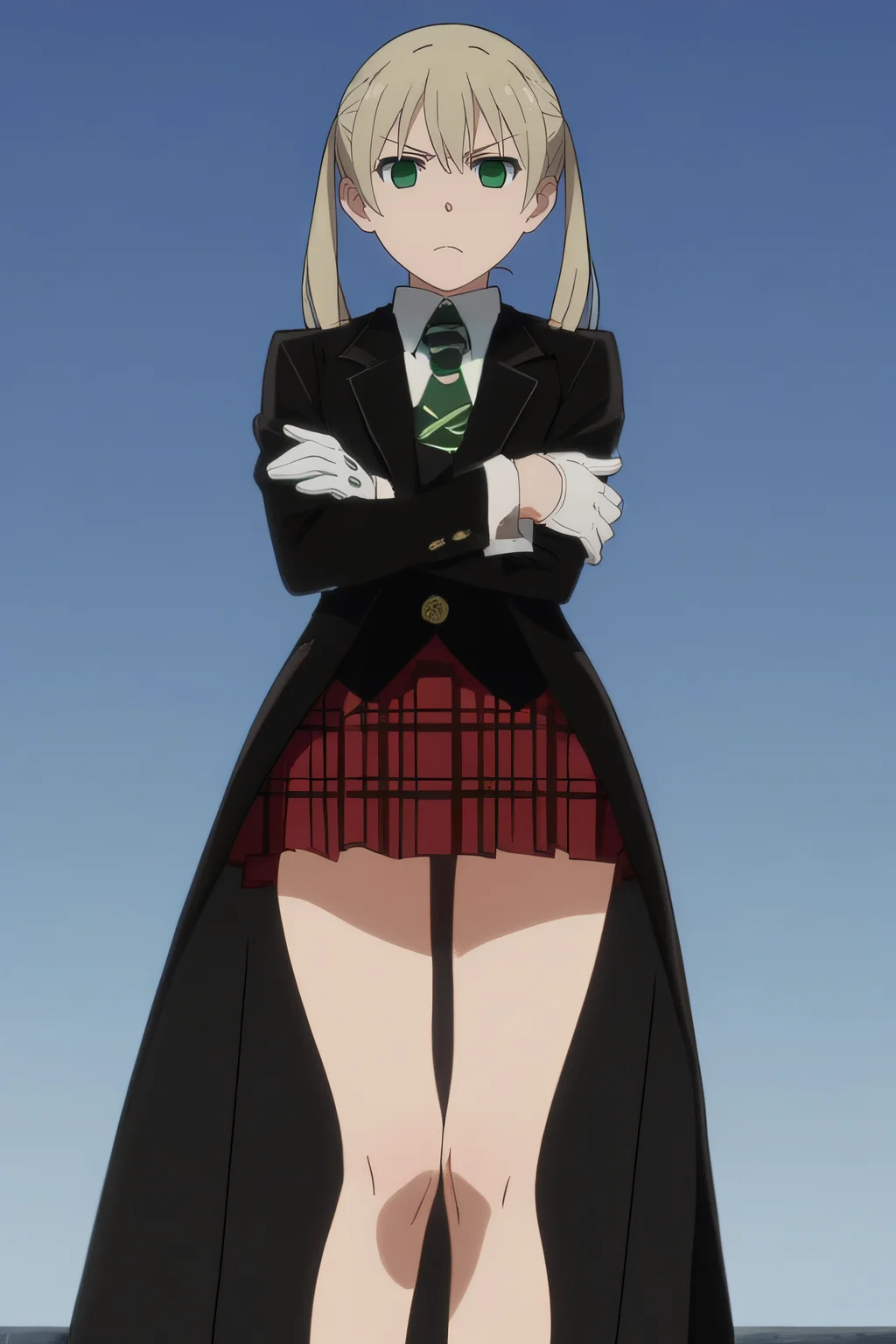 score_9, score_8_up, score_7_up, source_anime, rating_safe, intricate details, anime screencap, official style, 1girl, solo, <lora:Maka_Albarn:1>, maka, empty eyes, green eyes, twintails, default costume, green necktie, black trench coat, white gloves, red skirt, plaid skirt, thighs, looking at viewer, simple background, frown, cowboy shot, mature, annoyed, crossed arms