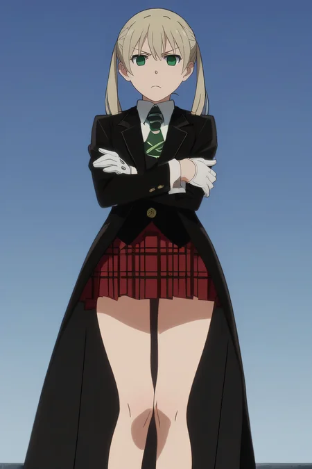 score_9, score_8_up, score_7_up, source_anime, rating_safe, intricate details, anime screencap, official style, 1girl, solo, <lora:Maka_Albarn:1>, maka, empty eyes, green eyes, twintails, default costume, green necktie, black trench coat, white gloves, red skirt, plaid skirt, thighs, looking at viewer, simple background, frown, cowboy shot, mature, annoyed, crossed arms