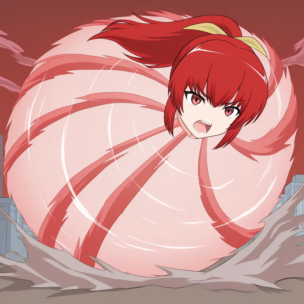 choukyuuhaoudeiedan, spinning, 1girl, solo, satsukirindorival, red hair, ponytail, hair ribbon, red eyes, head only, open mouth, angry, shouting, dust, red smoke, city background