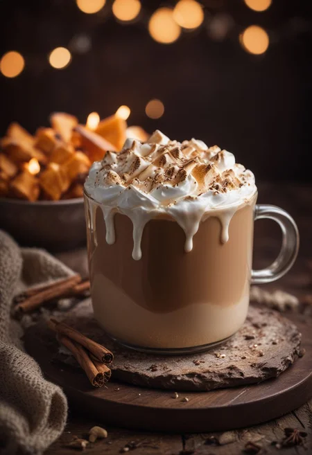 RAW photo, sweet potato marshmallow latte, cozy winter evening, food photo, DSLR, toasted marshmallows and a sprinkle of cinnamon garnish, soft lighting, high quality, film grain, Fujifilm XT