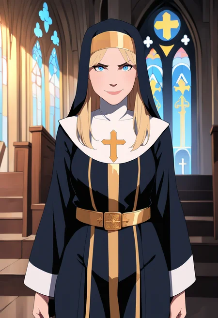 masterpiece, best quality, very aesthetic, absurdres,
1girl, blonde hair, blue eyes, long hair, nun, boots, dress, hat, robe,
upper body, warm smile, looking at viewer, solo, standing, church background <lora:PhilBourrassaWesternArtstyleNoobLocon_byKonan:1>