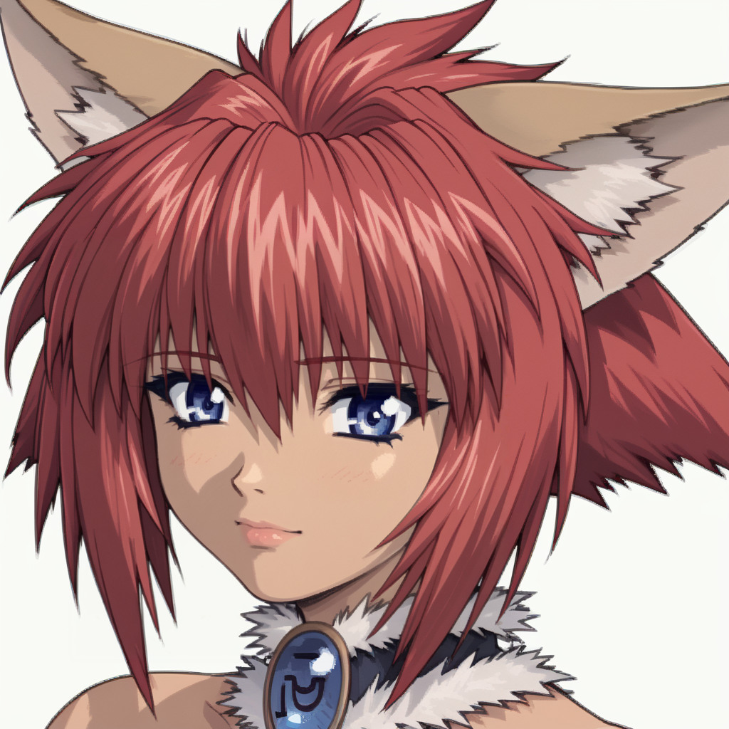 1girl, solo, portrait, <lora:MarinXLpony:1> Marin, blue eyes, red hair, short hair, animal ears,