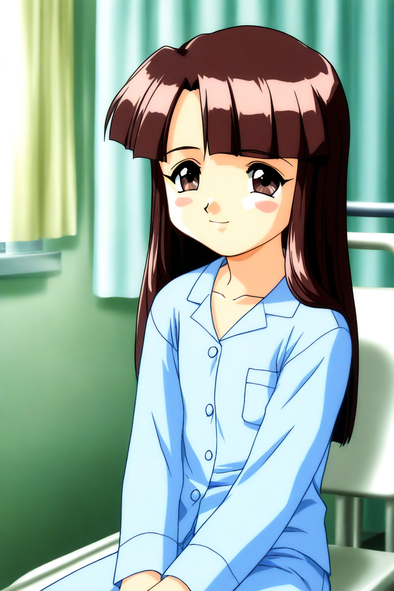 general,highres, ultra-detailed,very aesthetic,best quality ,best hands, BREAK <lora:Sakurai_Miyuri_Suchie-Pai_Ver2.0_IS:1>
Sakurai_Miyuri, 1girl, solo, brown hair, long hair, brown eyes, blunt bangs, flat chest,
smile,
light blue pajamas, v arms,
hospital room,