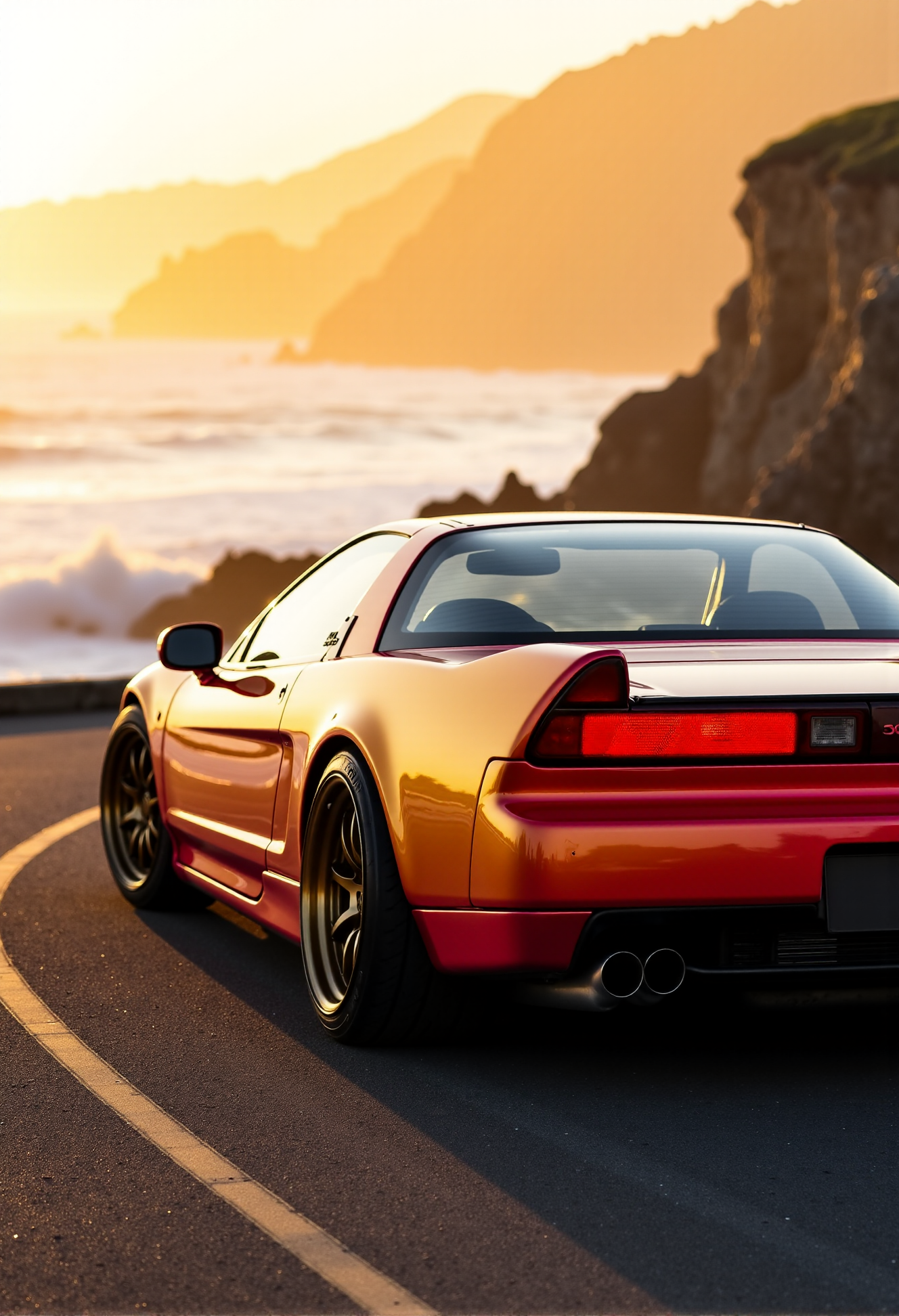 <lora:Honda_NSX:0.80>
(A from a three-quarter view:1.3) of the Honda NSX NA1 from '94, a coastal cruiser etched with angular elegance, its body painted with a smooth gradient from Pearl Gold at the front to Sunset Coral at the rear, the golden front catching the warm glow of a golden hour sunset while the coral rear gleams with fiery undertones. From this rear three-quarter angle, the wide rear and taillights dominate, their rectangular shapes glowing red against the fading sunlight, while the angular spoiler casts a sharp shadow across the rear glass, the gradient paint enhancing the body’s sharp lines with a warm, seamless flow. The BBS LM wheels, 18-inch at the front and 19-inch at the rear, finished in gold, sit low beneath the sculpted fenders, their split-spoke design emphasizing the Honda NSX NA1’s grounded stance, as if it’s hugging the coastal road with unyielding grip. The carbon-fiber rear diffuser, seamlessly integrated into the body, leads the eye along the rear, its high-gloss weave shimmering with every glint of sunlight. This rear three-quarter shot magnifies the Honda NSX NA1’s imposing presence, its angular silhouette slicing through the serene backdrop of ocean waves and rugged cliffs. The background blurs into a golden haze of sea and sky, making the Pearl Gold to Sunset Coral gradient the star, its warm transition glowing with every shift of light. This isn’t just a Honda NSX NA1—it’s a timeless beauty, captured in a moment of coastal serenity.