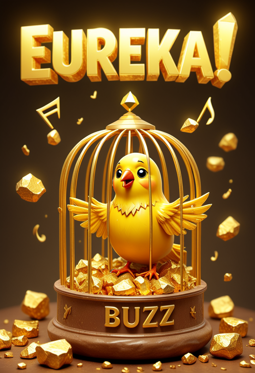 pixar type of 3d animation, Top of poster are the words "EUREKA!!", rp_slgd, A close up, macro, high definition photo of a huge gold nugget fragment, yellow lightning bolt buzz encased inside is a buzz symbol from Civitai, a bird cage with a Civitai 'BUZZ' symbol in the bird cage with a golden cute happy canary bird made out of gold, is singing. it is hung up on the wall, with music notes floating around as if there were a canary there singing like as if they were music notes floating around. <lora:sdxl\xl_rpr_soulgemmed_v1:0.90> 
