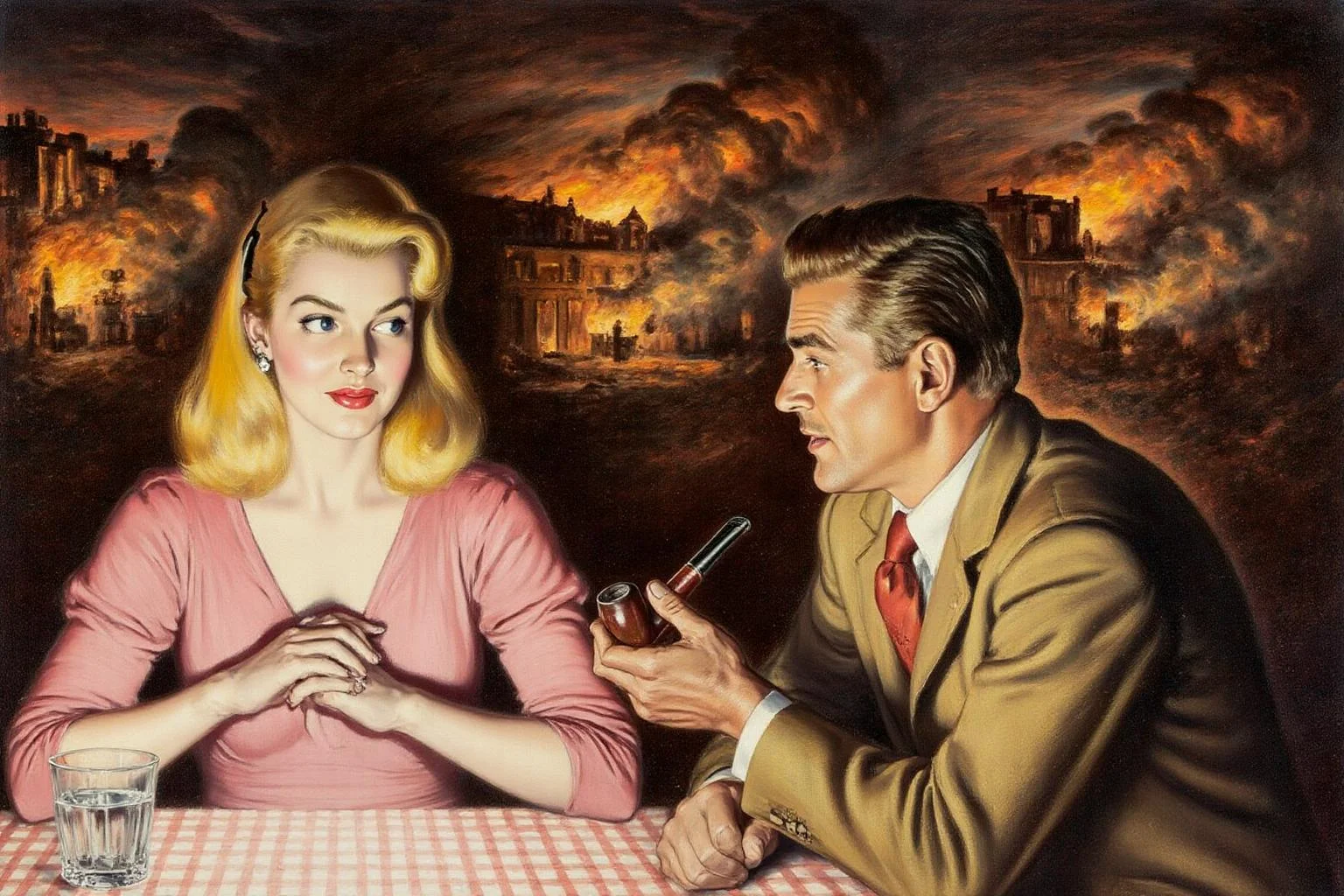 walterbaumhofer1 painting.
A man and a blonde woman are seated around a table, engaged in conversation. On the left, a woman in a pink dress, holds her hands together in front of her chest and looks into the distance.
On the right, a man, shown in side profile, wears a brown suit with a red tie and holds a pipe. The table is covered with a checkered tablecloth, and a glass of water is in front of the woman. In the background, a burning building with flames and smoke rises. <lora:walterbaumhofer1_cap_d8a4e12:1.0><lora:849108500968657907:0>
