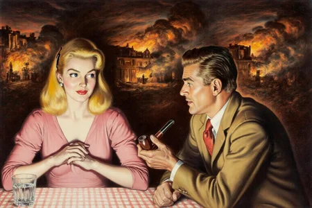 walterbaumhofer1 painting. 
A man and a blonde woman are seated around a table, engaged in conversation. On the left, a woman in a pink dress, holds her hands together in front of her chest and looks into the distance.
On the right,  a man, shown in side profile, wears a brown suit with a red tie and holds a pipe. The table is covered with a checkered tablecloth, and a glass of water is in front of the woman. In the background, a burning building with flames and smoke rises.  <lora:walterbaumhofer1_cap_d8a4e12:1.0><lora:849108500968657907:0>