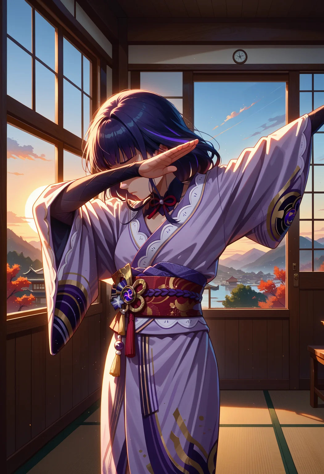 score_9, score_8_up, score_7_up, source_anime, raiden shogun, kimono, 1girl, solo
<lora:EPdab:1>, epdabbing,
outstretched arm, standing, covered face, closed eyes, head down,
indoors, sunset, window
