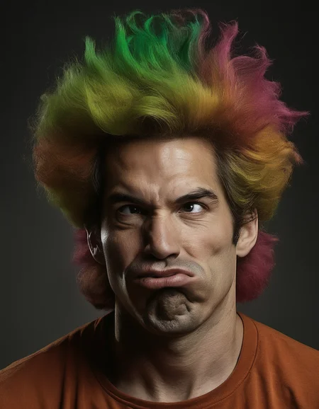 photograph, Libyan (ral-grmce:1.1) , his hair is Multicolor, atmospheric, exploring the relationship between form and color, exploration of consumer culture and art history, Organic modernism, atmospheric mood, stylized by Richard Corben, cartoony, D&D, <lora:ral-grmce-sdxl:0.85>, highly intricate, dramatic, fine detail, glowing