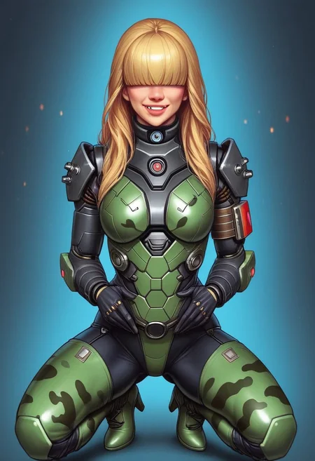 1girl, ((front view))), looking at viewer, highly detailed, from front, 1girl, skinny, looking at viewer, masterpiece, best quality,
raw, extremely detailed, hyperrealism, photo, perfect anatomy, <lora:grewishka_alita_pxl:1> source_photo, source_real, robot, cyborg, android, solo, looking at viewer, 1girl, full body, ((special force green camo armor)), high heels, neon_lights, dynamic pose, pistols in hands
BREAK
fang smile, looking at viewer, long hair, ((blonde highlighting hair)), (((hair over eyes, front bangs))), long hair, dynamic pose
best quality, depth of field, bokeh, (((full clothed))), ((special force green camo armor)),
BREAK
sc-fi soldier, dynamic pose, military camo armor
(((((rooftop, night city, neon lights))))) score_9, score_8_up, score_7_up, score_6_up, source_cartoon, rating_explicit, Expressiveh, (((((upper body))))), dynamic pose
