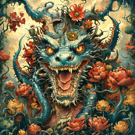 epic  detailed Dragon billy gibbons, agfa vista 200，Tsutomu Nihei，Hieronymus Bosch, cinematic Alexander Fedosavwide image,3d render realistic ancient  flower couple style of Dan Mumford, style of Mattias Adolfsson