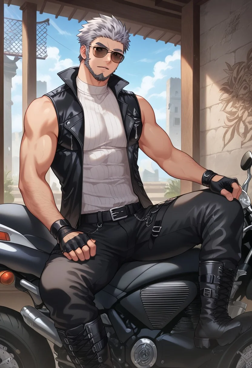 score_9, score_8_up, score_7_up, masterpiece, best quality, lots of details, ((1boy)), male focus, Naoto, , black helmet,wearing sunglasses,,grey hair, beard, black pants, fingerless gloves, black leather jacket, boots,s, white sleeveless shirt, sitting on a motorcycle, , looking at viewer, shaded, detailed shading, detailed skin, shaded skin, realistic shading, Expressiveh, countershading:1.1, concrete wall, indoors,