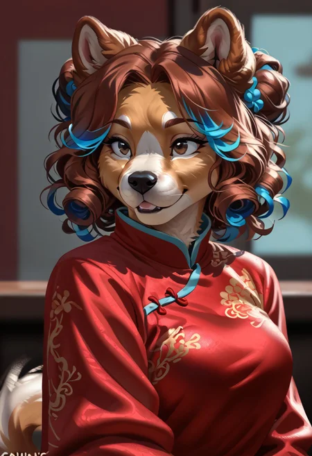 score_9, score_8_up, score_7_up, (by kittydee:1.5), (by jailbird:1.5), (by zummeng:1.5), masterpiece, best quality,
(Furry Art: Anthro: chow chow:1.5), 1girl, expressive eyes, feminine eyes, perfect face, feminine face, dog, canine, fluffy fur, dog ears, curled dog tail, reddish-brown fur, brown eyes, (reddish brown hair with pastel blue highlights:1.5), curly hair, chinese hair buns, medium breasts, chinese clothing, depth of field, foreshortening,