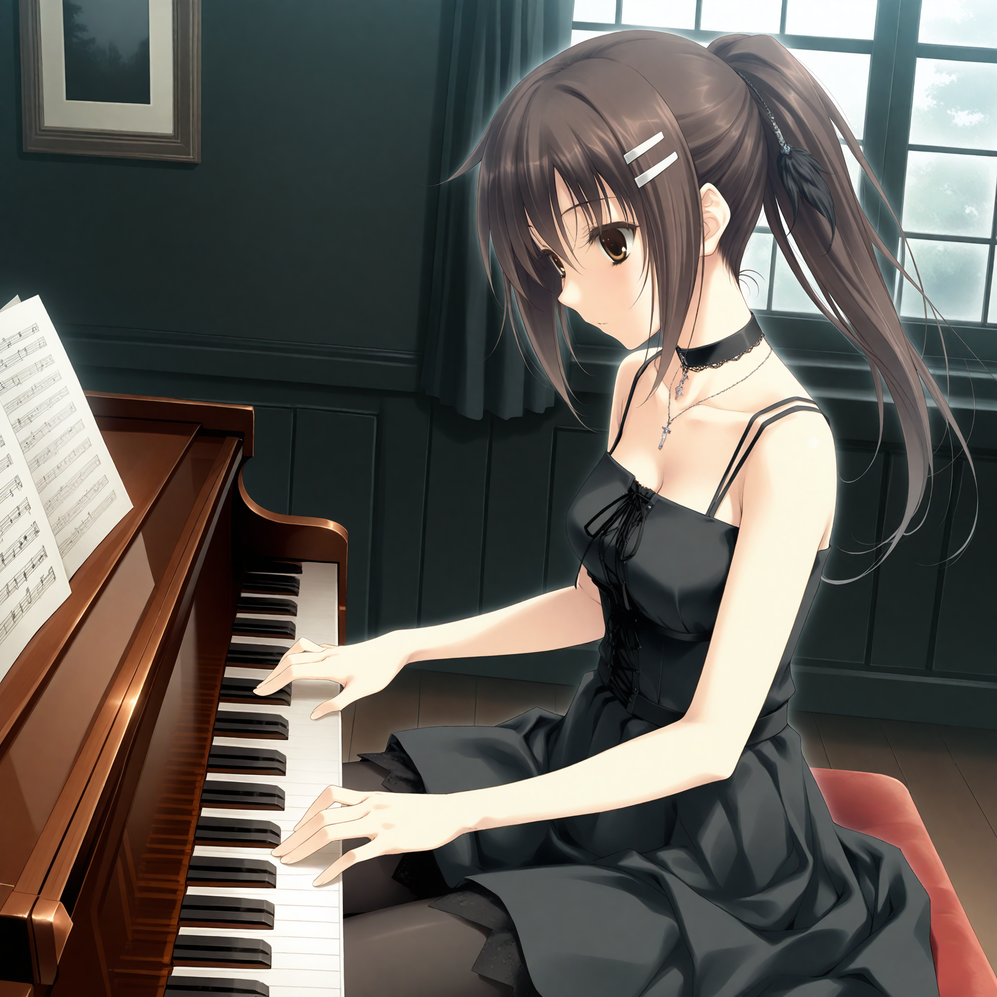 <lora:Aoki_Fumio_flowers_art_n16c16_nai_loha:1.3>,Aoki Fumio flowers art,
<lora:Minakami_Yuki_1_nai:0.6>,Minakami Yuki,ponytail,hairclip,hair ornament,black dress,goth fashion,jewelry,choker,black pantyhose,bare shoulders,necklace,black theme,
1girl,piano,solo,instrument,sheet music,music,window,indoors,playing instrument,