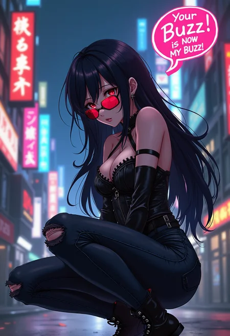 1girl, looking down at you, squatting, black leather corset, black long hair, red shining eyes, very tight damaged jeans, black military boots, holding golden coin with thunderbolt, cyberpunk, a lot of neons, very detailed city centre, soft lightning, soft shadows, ambient occlusion, anime, dialogue cloud that says "Your Buzz is now My Buzz!", blue neon cyberpunk glasses