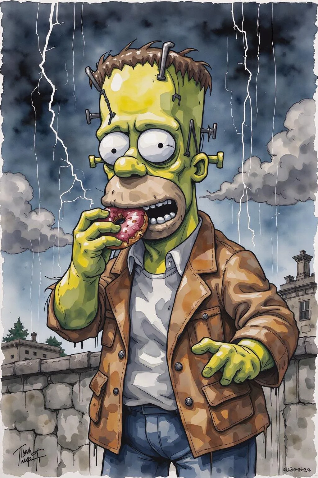 yawc1 watercolor.
Homer Simpson dressed as Frankenstein, eating a doughnut during a thunderstorm <lora:yawcolor_flor2_d4a2:1.0> <lora:Flux-Sch-SingleBlocks-BF16:1.0><lora:798999406377437745:0>