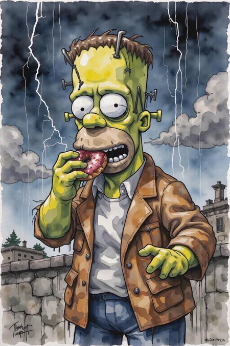 yawc1 watercolor.
Homer Simpson dressed as Frankenstein, eating a doughnut during a thunderstorm <lora:yawcolor_flor2_d4a2:1.0> <lora:Flux-Sch-SingleBlocks-BF16:1.0><lora:798999406377437745:0>
