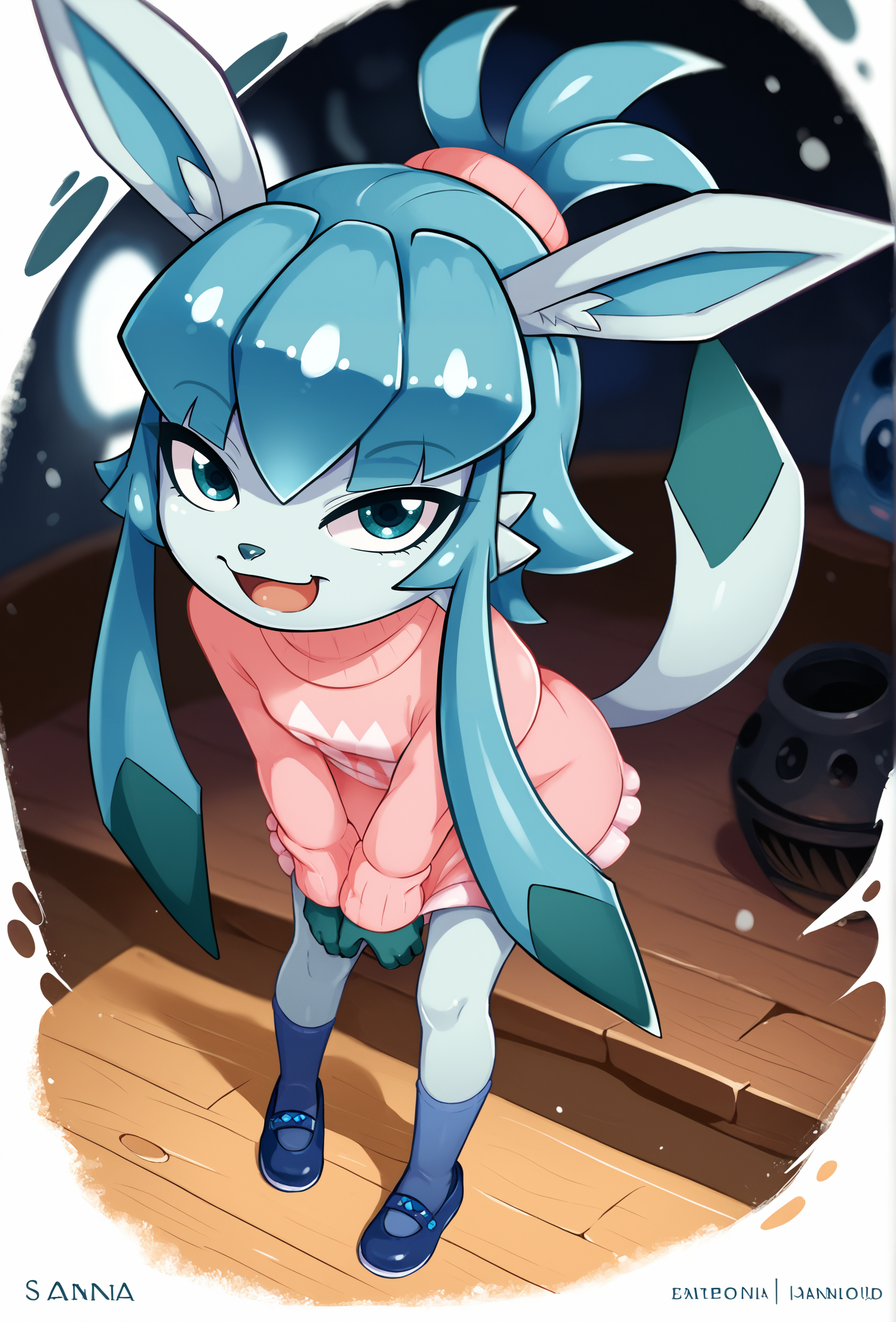 score_9, score_8_up, score_7_up, score_6_up, score_5_up, score_4_up, <lora:shadowill_style_ponyXL_v1.2:1> shadowillstyle,( english text, character name:1.2), (depth of field:1.1) ,
1girl, furry, glaceon, beehive hairdo, blunt ends, dyed bangs, medium hair, light blue eyes,shirt, kneehighs, dress shoes, (white background:1.1), white theme, happy, eye reflection, , foreshortening, winter