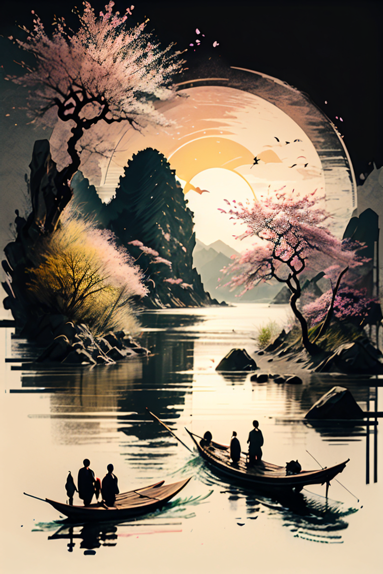 <lora:Calligraphy-ink-style-darquelilly-v1:1> calligraphyinkstyle, sunlight, midday sun, summer, volumetric lighting, sunshine reflected in the water, black background, peaceful atmosphere, detail colour is yellow, a cherry blossom tree, blooming flowers