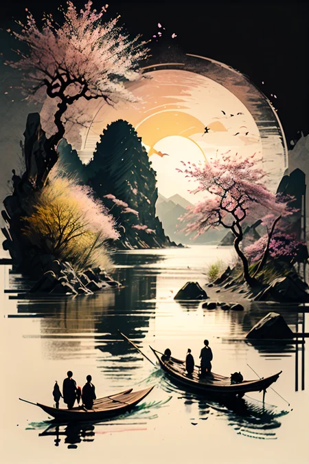<lora:Calligraphy-ink-style-darquelilly-v1:1> calligraphyinkstyle, sunlight, midday sun, summer, volumetric lighting, sunshine reflected in the water, black background, peaceful atmosphere, detail colour is yellow, a cherry blossom tree, blooming flowers