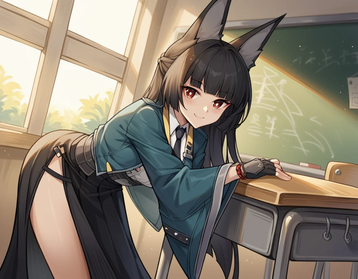score_9, score_8_up, score_7_up, source_anime, miyabihoshimi, <lora:miyabi-hoshimi-ponyxl-lora-nochekaiser:1>, miyabi hoshimi,animal ear fluff, animal ears, black hair, bright pupils, fox ears, fox girl, half updo, long hair, red eyes, sidelocks, white pupils,, asymmetrical gloves, black gloves, black necktie, black skirt, blue jacket, collared shirt, fingerless gloves, gloves, high-waist skirt, jacket, long skirt, necktie, shirt, side slit, single fingerless glove, skirt, white shirt, wide sleeves,, indoors, classroom, bent over, smile, looking at viewer, solo, cowboy shot, dutch angle