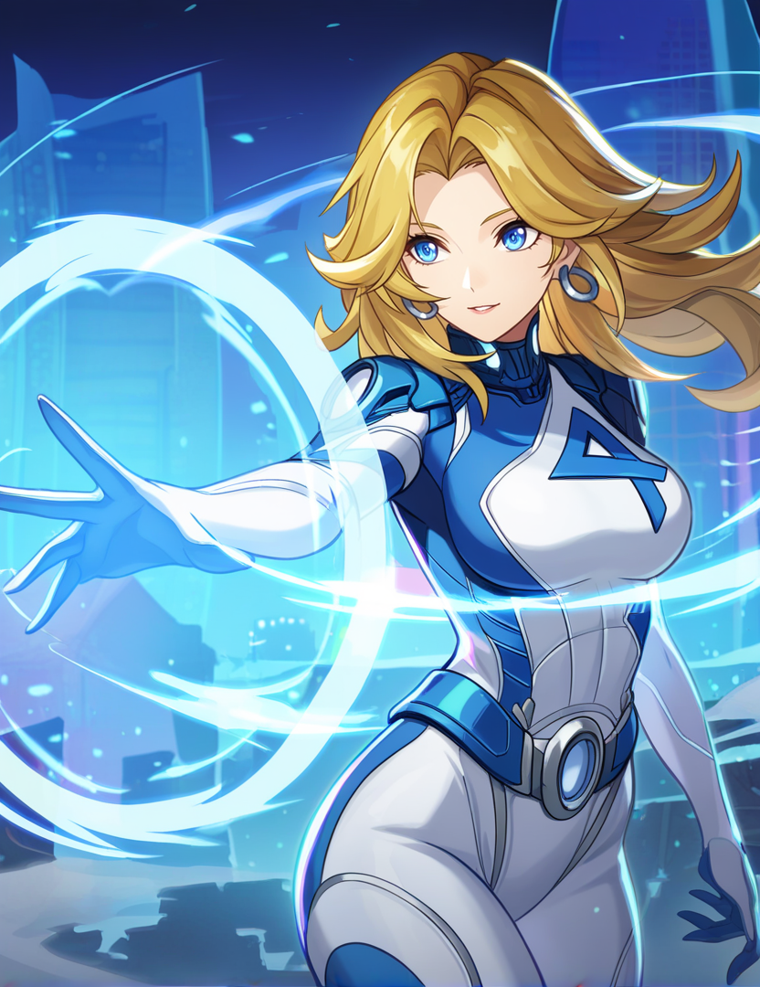 solo,
facing viewer,
wind, [energy|orb|prismatic], light smile, outstretched arm, cityscape, energy barrier, hand out of frame,
dark, subsurface scattering, volumetric lighting,
city, science fiction, outdoors,
 floating hair, parted lips, thighs.
hoop earrings,
blonde hair, long hair, blue eyes, 
cowboy shot,
two-tone bodysuit, 
masterpiece, best quality, very awa
<lora:invisiblewoman:1>