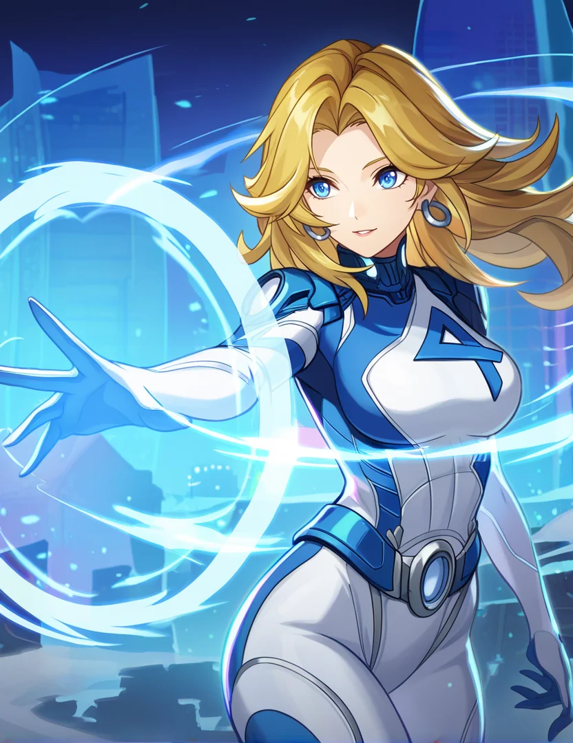 solo,
facing viewer,
wind, [energy|orb|prismatic], light smile, outstretched arm, cityscape, energy barrier, hand out of frame,
dark, subsurface scattering, volumetric lighting,
city, science fiction, outdoors,
 floating hair, parted lips, thighs.
hoop earrings,
blonde hair, long hair, blue eyes, 
cowboy shot,
two-tone bodysuit, 
masterpiece, best quality, very awa
<lora:invisiblewoman:1>