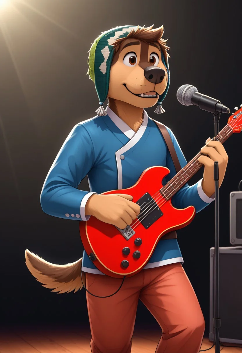 score_9, score_8_up, score_7_up, cartoon_style, ((by BodiPhant0m)), byBodiRDz, 4k, 8k, The best quality, very well drawn, detailed,
high quality, detailed, 4k, high resolution, high quality, high resolution, outdoors, furry character, canine, 2d, solo, 
rockdog, bodi, style rock dog, movie style, style[rockdog], rockdog, male, tibetan mastiff, mastif, dog boy, dog, bodi, Tibetan Mastiff with brown-and-tan fur with tan fur on his muzzle, hands and feet black nose, brown eyes and black trimmed claws, blue Tibetan jacket with a white trim, white cuffs and a white belt, red-orange pants with white cuffs and a green Tibetan beanie cap with locks of his mane poking out from the front,
teeth, blurry background, furry, spotlight, dog, music, guitar, furry_male, playing_instrument, holding instrument, instrument, microphone, furry, dog tail, guitar, microphone_stand, concert,
(sexy), naked, exposed, easynegative, Split Lighting style, partially covered in shadow