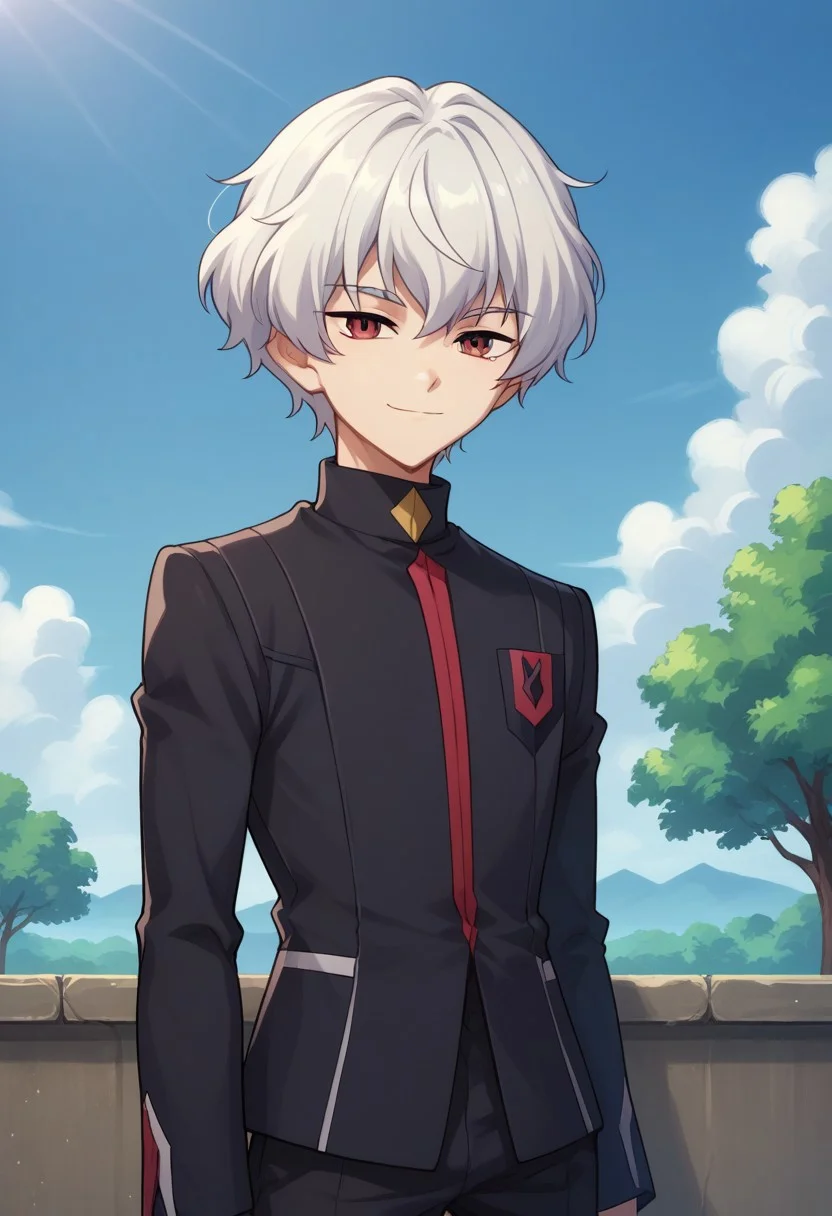score_9, score_8_up, score_7_up, source_anime, highly detailed,
lusia, 1boy, male focus, solo, school uniform, white hair, smile, red eyes, looking at viewer, short hair, black jacket, long sleeves, upper body, black pants,
outdoor, sky, clouds, tree