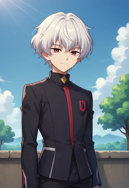 score_9, score_8_up, score_7_up, source_anime, highly detailed,
lusia, 1boy, male focus, solo, school uniform, white hair, smile, red eyes, looking at viewer, short hair, black jacket, long sleeves, upper body, black pants,
outdoor, sky, clouds, tree
