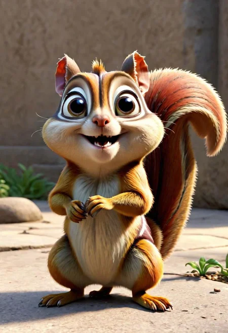 3d,art by pixar,cartoon, a fleshmutant cute chipmunk with huge eyes and massive tail