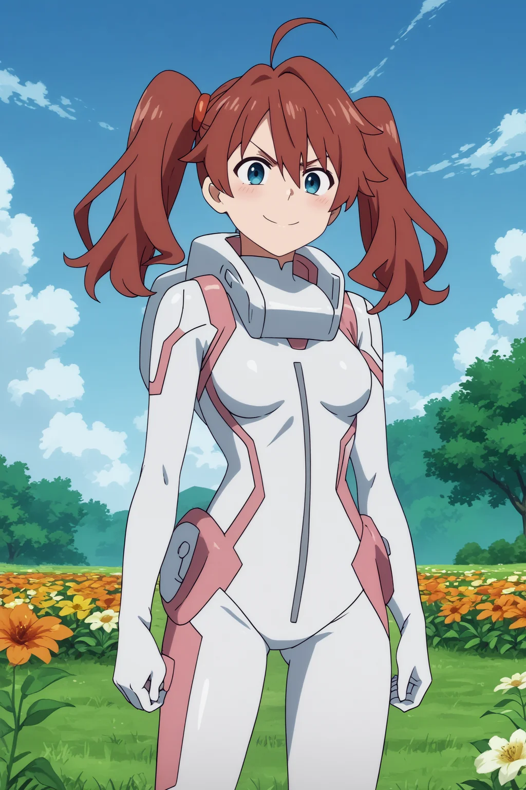 kokoro,1girl,solo,long hair,twintails,ahoge,bodysuit,white bodysuit,pilot suit,long hair,hands_on_hips,cowboy shot,smirk BREAK outdoors,blue sky,cloudy_sky,orange flower,flower field,tree  <lora:Miku_-_Darling_in_the_franxx.safetensors:0.8> <lora:detailed_backgrounds_v2.safetensors:0.5>