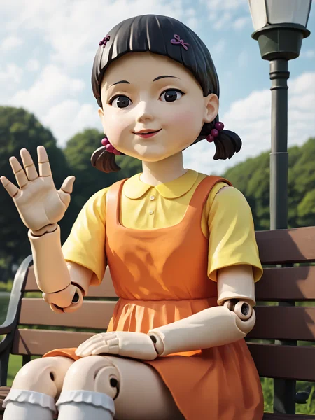 score_9, score_8_up, score_7_up, score_6_up, BREAK, Squidgamedoll, 1girl, solo, short hair, black hair, black eyes, orange dress, hair ornament, socks, doll joints, hair bobbles, short twintails, upper body, raise left hand, waving, smile, yellow shirt, in the park, sitting on a bench, looking at viewer <lora:Squidgamedoll:1>