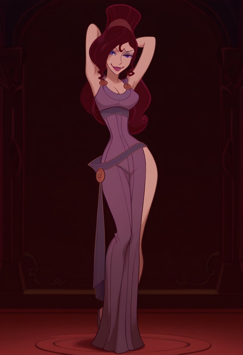 1girl, masterpiece, best quality, amazing quality, absurdres, <lora:Megara__Illustrious:1> m3g4r4, megara (hercules disney), long hair, tied hair, brown hair, purple eyes, purple Greek dress, cleavage, sexy makeup, lipstick, smiling, full body, arms behind head,