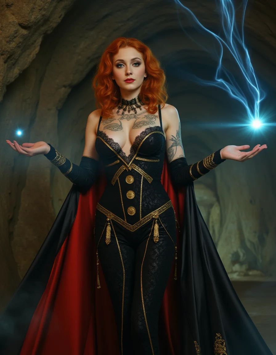 hyperrealistic, glamorous photo,
a detailed, realistic portrait of a young sorceress with striking facial features in the gothic style. In the enchanting atmosphere of a huge rock cave with imaginative paintings on the walls, she uses her magical powers in a targeted manner. She has voluminous, waist-length, wavy orange hair and her large, green eyes shimmer like crystals. Her hourglass figure with medium-sized breasts is very seductive. Her white skin is tattooed with delicate runes and symbols. She radiates a feeling of calm and contentment. She wears an elaborate, figure-hugging black victorian dress with gold decorations, a very deep neckline, and a red cape. Magically glowing balls of pure energy fly around her, illuminating the atmospheric, dimly lit atmosphere. Clouds of smoke drifting through the air create a mystical overall impression.lively, fantastic, mythical, lightning,
high fashion, luxurious, extravagant, stylish, sensual, opulent, elegance, professional, intricate details, (high quality texture), (sharp), (artistic image), vivid, detailed,
