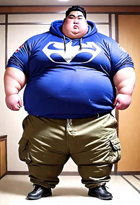 (obese:1.99), (SSBHM:1.2),(bloated fattest superchub:1.4), muscle,ssbbw,(wear hoody:1.5),(cargo pants:1.5),japanese,powerful,hot,sweaty,