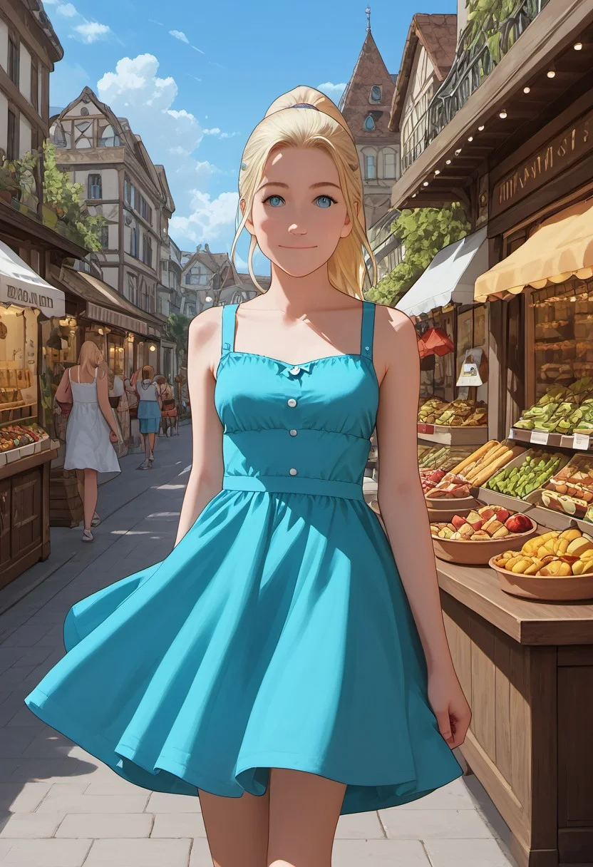 1girl, solo, score_9_up, score_8_up, score_7_up, score_6_up, cute face, detailed and beautiful face, detailed and beautiful eyes, cute girl, inoYamanakaPDXL, blonde, ponytail, blue eyes, medium breasts, sundress, walking in a marketplace, many food stalls, looking at the viewer, detailed, intricate details, realistic, FaceDetail, stunning, masterpiece, side view, smiling, closed mouth,
