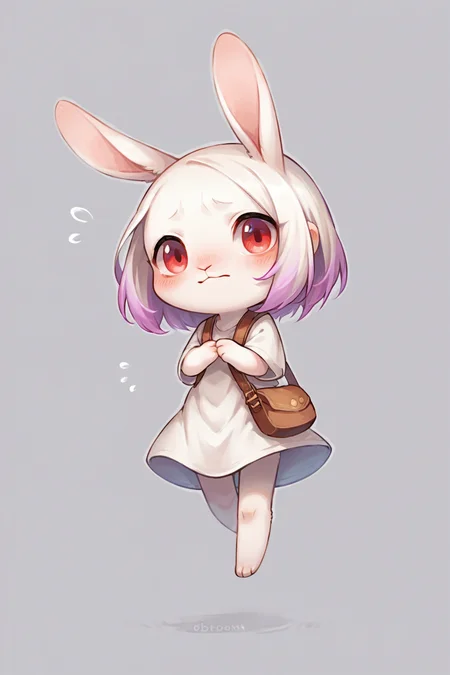 score_9, score_8_up, score_7_up, source_anime, source_furry, highly detailed, 1girl, chibi:0.3, white fur, albino anthro rabbit with lavender dyed hair, red eyes,   embarrassed, ears drooping,  simple background, white background,  <lora:justduet_SDXLPONY_r70_768_dim32-a4-adamW-000009:0.6>