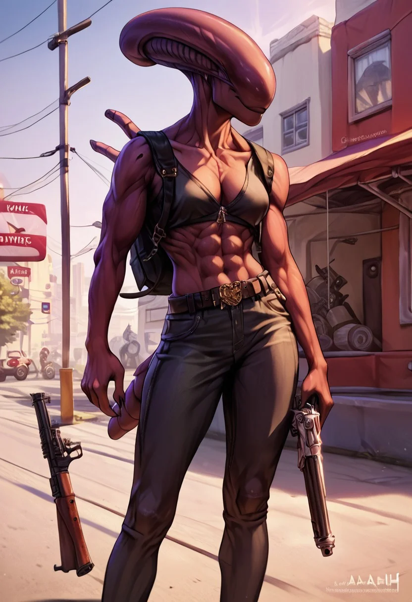 score_9, score_8_up, score_7_up, score_6_up,detailed, hi_res, amazing_background, colorful, ultra detailed, high quality, score_9, score_8_up, score_7_up, score_6_up, source_anime, score_furry, furry, BREAK Xenomorph in black leather cape standing in the middle of street, jaket, gun on hip, revolver, hiking backpack on one shoulder, xenomorph hand holding hiking backpack, belt with ammunition over the shoulder, medium muscular torso, gun holder directly in the middle of the chest with plasma pistol, deserted street