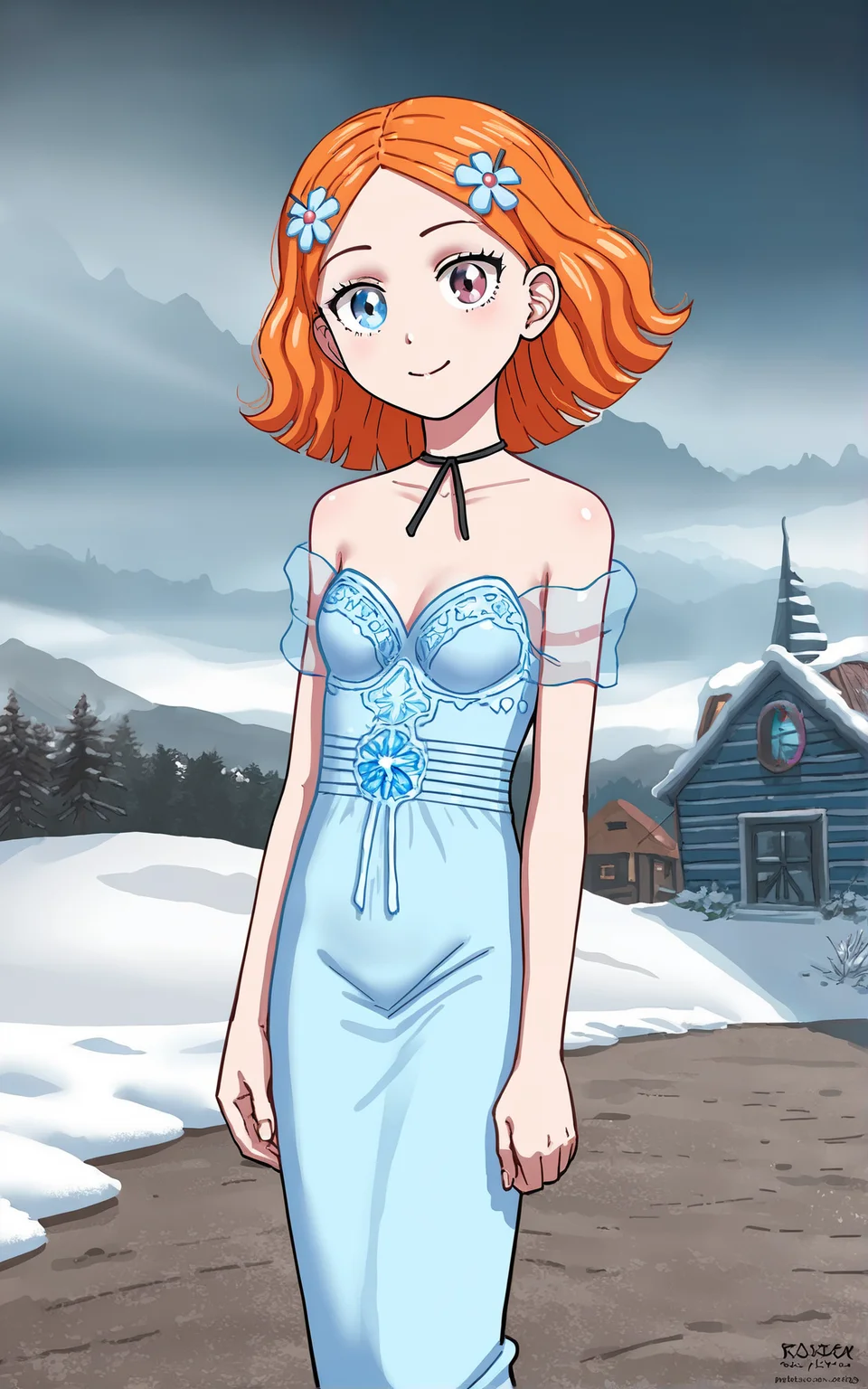 score_9_up, source_cartoon, suzieq, 1girl,  orange hair, solo. hair ornament, flower, hair flower, short hair, blue eyes,heterochromia,  hairclip, blue robes. ice witch. snow.