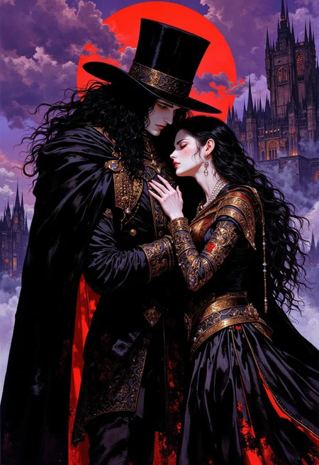 weibo, drawing, illustration retro 90's, Yoshitaka Amano, Ayami Kojima, chromatic aberration, detail, high contrast, cinematic view, volumetric lighting, perspective, vampire_hunter, gothic_fantasy, long_black_hair, stoic_expression, melancholic_woman, dark_gown, golden_details, misty_castle, purple_twilight, red_sky, dramatic_lighting, high_contrast, eerie_atmosphere, fantasy_art, intense_gaze, dark_romantic, gritty_texture, melancholic_mood, thick_linework, surreal,cinematic, intense_detail,photorealistic,(sharp focus:1.3). A stylized character with a striking appearance. A close-up of a character a tall, mysterious vampire hunter with pale skin and a stoic expression, dressed in a flowing black cloak and wide-brimmed hat. He has long, wavy black hair that cascades over his shoulders, and his eyes into the distance. At his side stands a melancholic woman with long dark hair, styled with subtle pearl accents. She wears an elegant dark gown with golden details, her gaze soft but sorrowful. The background features a Gothic, dark castle shrouded in mist with a haunting purple and red twilight sky, adding a sense of foreboding and otherworldly beauty. The scene has a dramatic, high-contrast color palette, with deep shadows and highlights accentuating the hunter's stoic demeanor and the woman's ethereal grace. The image is highly detailed, with a focus on the textures of his suit, the sharpness and the way his interacts with the woman.
DB4RZ, DB4RZ style painting
