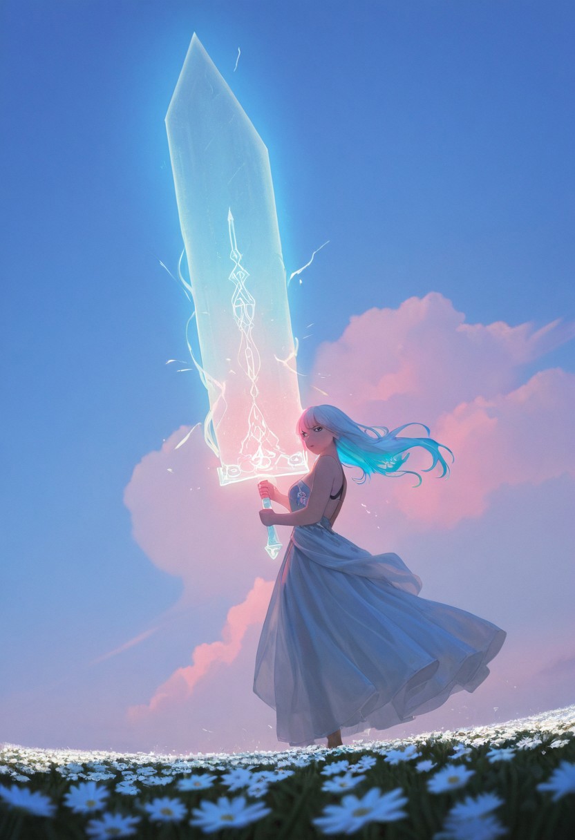 Monochrome with color spots, cinematic close-up, masterpiece, best quality, ultra high quality, intricate detail, hyperrealistic textures, highres, medieval fantasy style, slender woman with revealing neckline, flowing pale blue medieval dress, vibrant meadow with white daisies, enormous glass neon translucent greatsword, huge sword, motion lines for immense force, translucent neon magenta hair flowing, glowing strands, magical energy, sparks from enchanted blade, glowing runes, birds scattering in vivid blue sky, soft translucent clouds, intense calculating gaze, soft sigh, dynamic pose, fabric catching light, white and pastel red color grading, subtle sketch texture, cinematic lighting, hatching for depth, battle-worn appearance, tension-filled air, volumetric lighting, dramatic atmosphere, film grain, depth of field, ultra-sharp details, 8k resolution, ArtStation trending, award-winning composition.