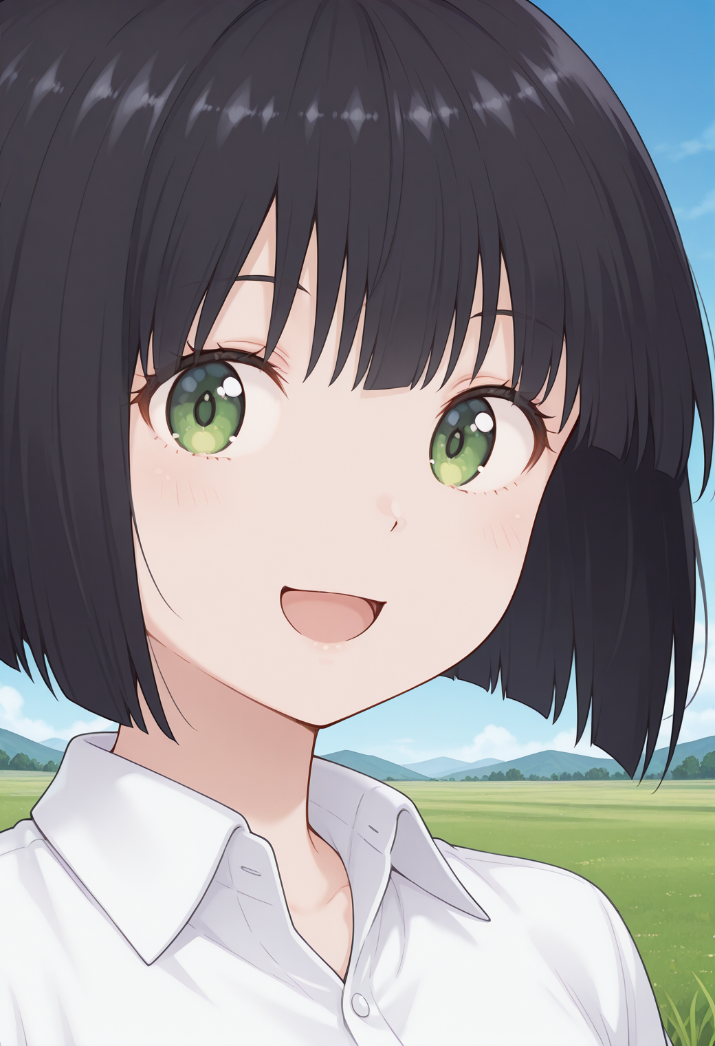 takinami_pain, green eyes, black hair, short hair, bob cut, white shirt, collared shirt, <lora:takinami_pain_illustrious_ver1:0.8> 
smile, open mouth,, masterpiece, best quality, sensitive,, 1girl, solo, blue sky, (grasslands:1.2), looking at viewer,, (upper body:1.2), (close-up:1.2), (facing viewer:1.2), (open eyes:1.4), (portrait:1.2)