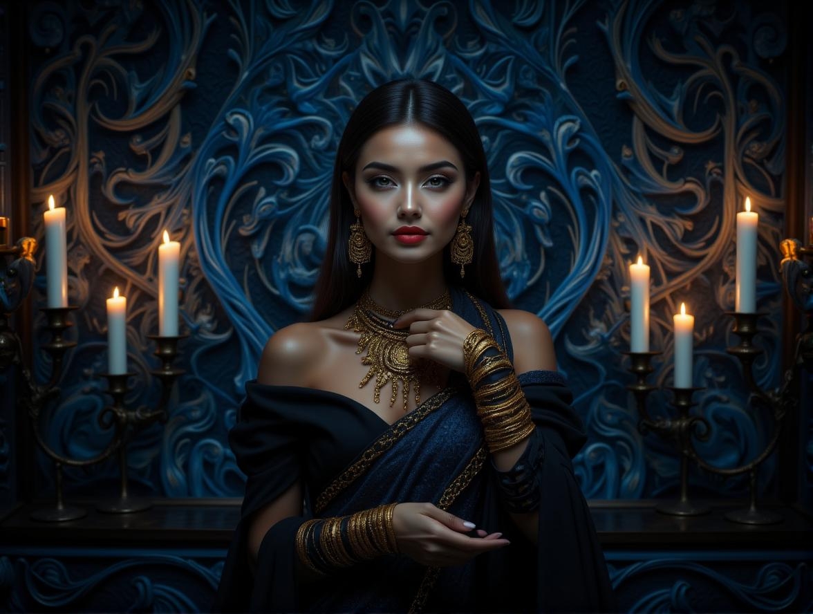 <lora:6B4426DED9C7CABDB1A44E006C07827E6A493CF5D6B917CCB5D49D661FEF650C.safetensors:1> a dream-concept
but larger and more detailed., swirling patterns in shades of blue, intricate, otherworldly appearance.,
In the heart of Mari, a noble woman stands against a backdrop of luxurious tapestries, each thread a testament to the skill of ancient artisans. She is a vision of elegance, her dark hair adorned with gold filigree that cascades in intricate patterns. Her attire is a black, off-shoulder gown, its fabric flowing like the night, with gold accents that shimmer like the stars. The gown clings to her form, highlighting her graceful posture and regal presence.
Three white candles on either side cast a warm, ambient glow, their light dancing across the gold jewelry that adorns her neck, wrists, and ears. Each piece is a masterpiece, crafted with meticulous care, the designs telling stories of ancient myths and legends. The candles’ flickering flames cast deep shadows and bright highlights, creating a dynamic interplay of light and dark that adds depth and intensity to the scene.
Her face is a canvas of emotion, her eyes wide and expressive, capturing a moment of profound contemplation. The sharp, well-defined outlines of her features are softened by the smooth, gradient-based coloring, giving her an otherworldly glow. Her lips are a soft, vibrant red, a stark contrast to the dark, ethereal background.
The atmosphere is rich and cinematic, the dramatic lighting and bold shadows drawing the eye to her every detail. The scene is a blend of timeless beauty and modern allure, perfect for high-end fashion or the celebration of ancient craftsmanship.