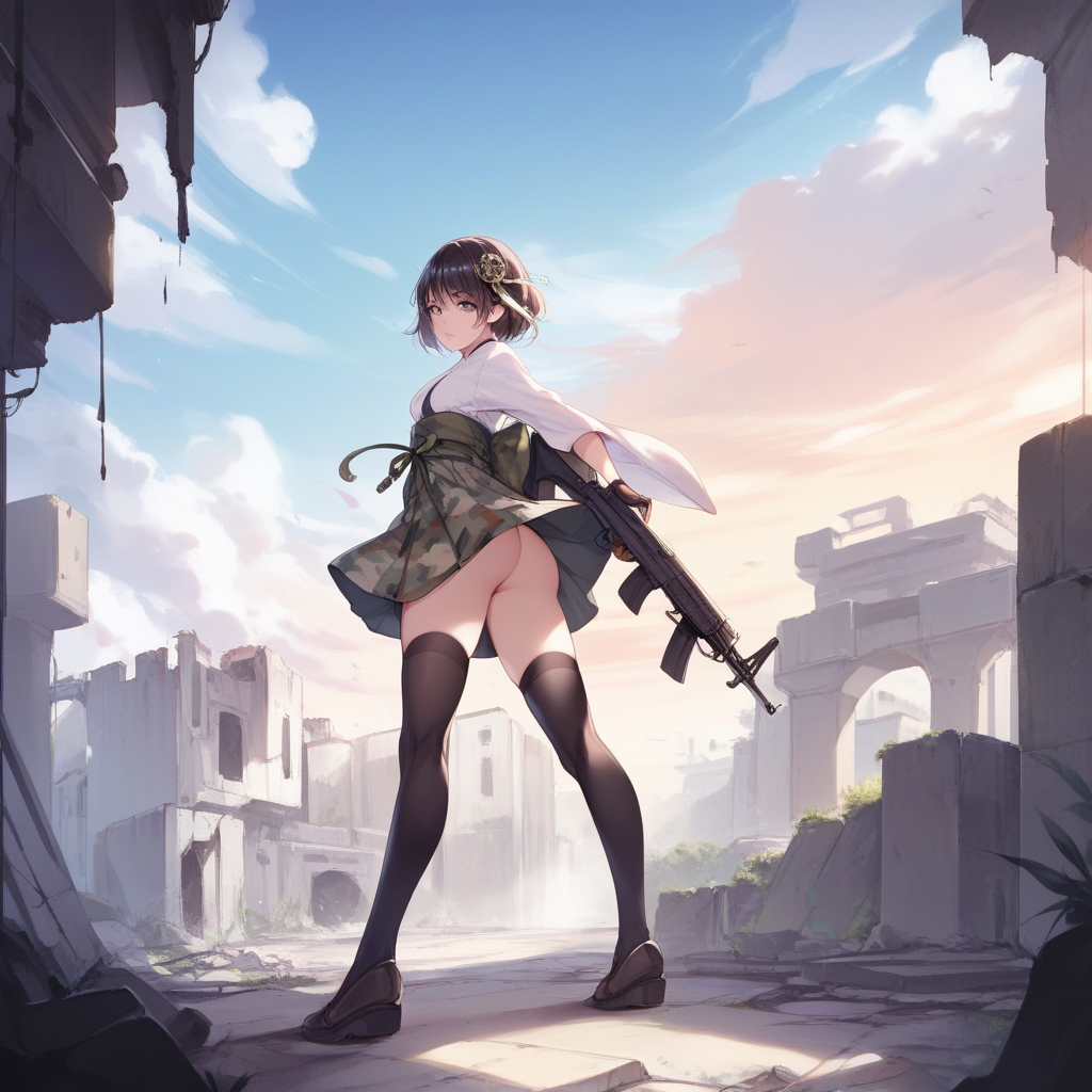 score_9, score_8_up, score_7_up, score_6_up, score_5_up, score_4_up,anime:1.2, explicit, hentai ,zPDXL, zPDXLxxx  BREAK
1girl, , solo, thighhighs, , gloves, japanese clothes, camouflage, black hair, short hair, black thighhighs, zettai ryouiki, skirt, trigger discipline, hair ornament, standing, , kz ,(in ruins,  cloudy sky :1.3)  <lora:busouJK:0.8>