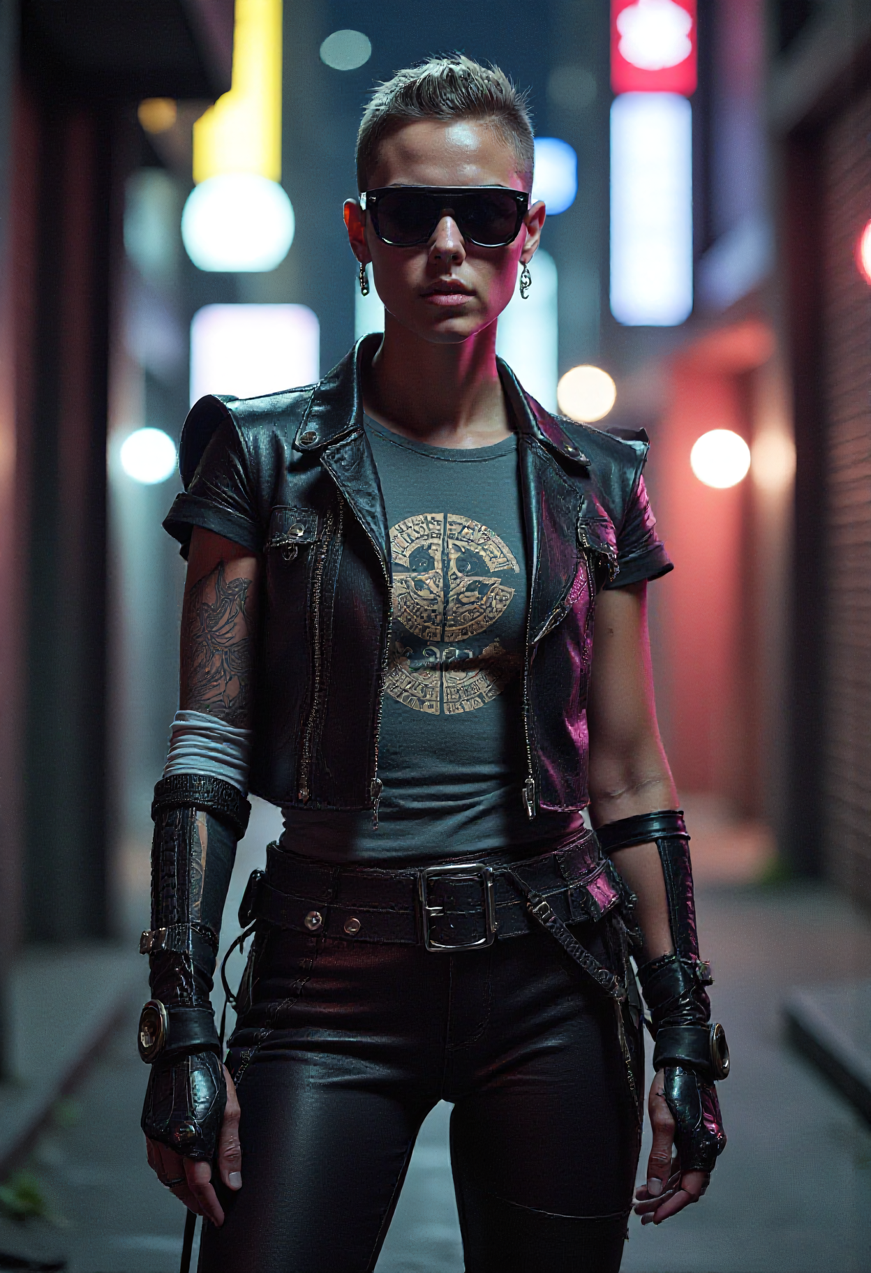 Amidst the vibrant cyberpunk metropolis, a young vikingpunk mercenary stands out in a neon-lit alley, her cybernetic implants and (biomechanical cybernetic mechanical_arms with organic elements fused with metal, pulsing veins, biomechanical textures), glowing in the city's light. 
She wears a striking outfit, a unique fusion of traditional Viking armor and futuristic fashion. The top consists of a tailored full length leather_vest adorned with intricate Viking patterns, showing off her mechanical_arms, while a t-shirt with ancient runic symbols peeks from underneath. Below, she dons a pair of durable leather_pants and wide Viking belt, their design inspired by Viking armor, offering protection and mobility. The ensemble is completed with a pair of sturdy combat boots, their style blending ancient and modern influences. 
The alley, bustling with urban life, sets the stage for her confident presence. Her short undercut hair and terminator-style sunglasses create a distinctive look, representing the fusion of her cultural heritage and futuristic enhancements. This scene, with its atmospheric lighting and urban environment, captures the essence of a viking woman, transported through time, navigating this new world, leaving a lasting impression in the heart of the city.