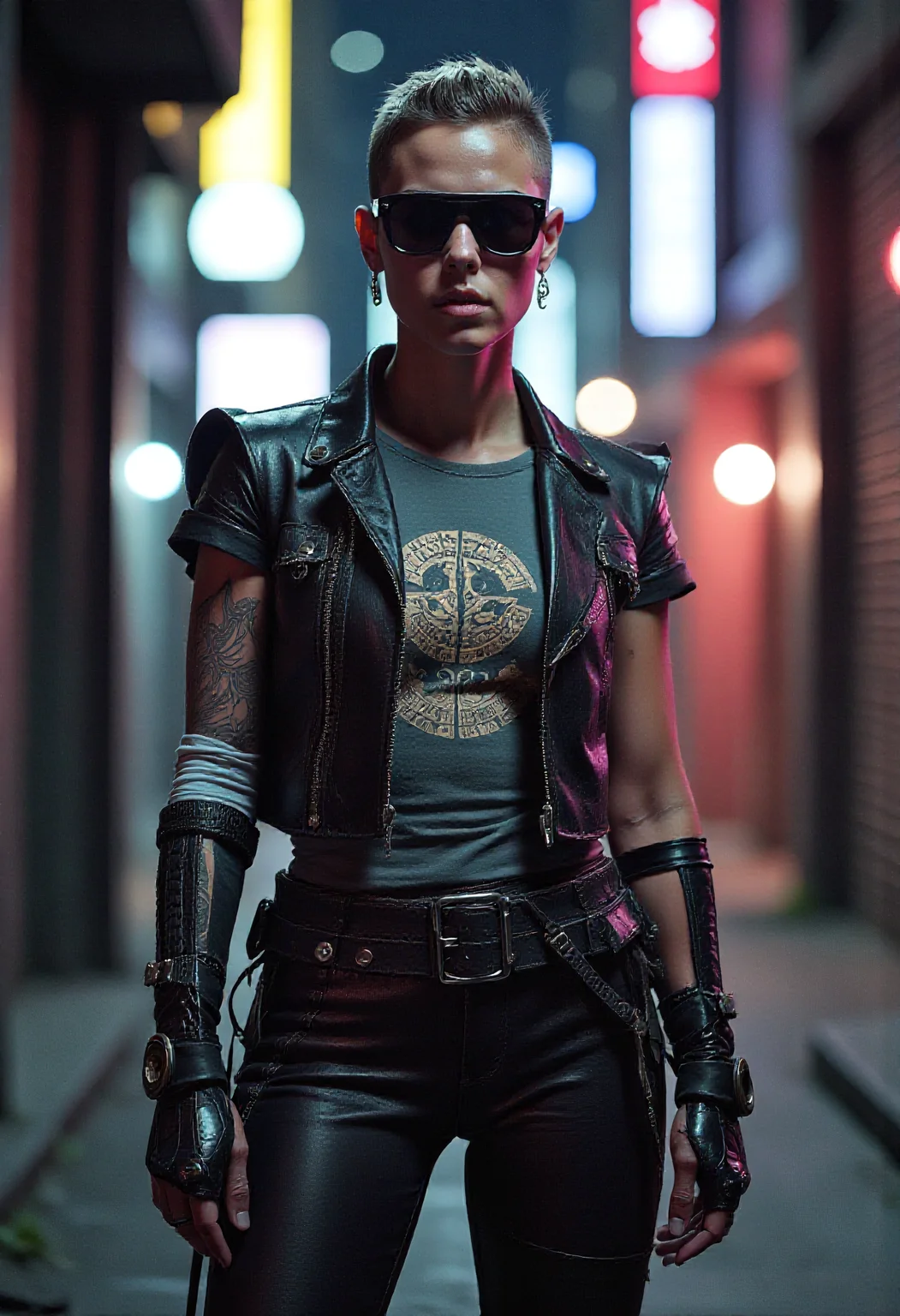 Amidst the vibrant cyberpunk metropolis, a young vikingpunk mercenary stands out in a neon-lit alley, her cybernetic implants and (biomechanical cybernetic mechanical_arms with organic elements fused with metal, pulsing veins, biomechanical textures), glowing in the city's light.
She wears a striking outfit, a unique fusion of traditional Viking armor and futuristic fashion. The top consists of a tailored full length leather_vest adorned with intricate Viking patterns, showing off her mechanical_arms, while a t-shirt with ancient runic symbols peeks from underneath. Below, she dons a pair of durable leather_pants and wide Viking belt, their design inspired by Viking armor, offering protection and mobility. The ensemble is completed with a pair of sturdy combat boots, their style blending ancient and modern influences.
The alley, bustling with urban life, sets the stage for her confident presence. Her short undercut hair and terminator-style sunglasses create a distinctive look, representing the fusion of her cultural heritage and futuristic enhancements. This scene, with its atmospheric lighting and urban environment, captures the essence of a viking woman, transported through time, navigating this new world, leaving a lasting impression in the heart of the city.