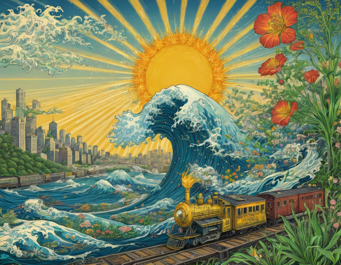 <lora:amsa:0.4>amsa, great wave, flowers, city, train, plants, sun